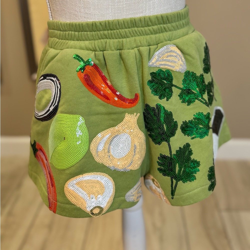 New! QUEEN OF SPARKLES Green Guacamole Sequin Ingredient Icon Shorts